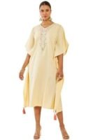 Soch Women Light Yellow Rayon Slub Floral Embroidered Kaftan with Tassels and Crochet Lace