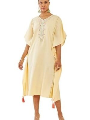 Soch Women Light Yellow Rayon Slub Floral Embroidered Kaftan with Tassels and Crochet Lace
