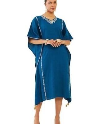Soch Women Teal Rayon Slub Floral Embroidered Kaftan with Crochet Lace and Tassels