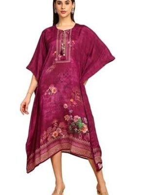 Soch Womens Wine Floral Printed Muslin Kaftan with Tassels
