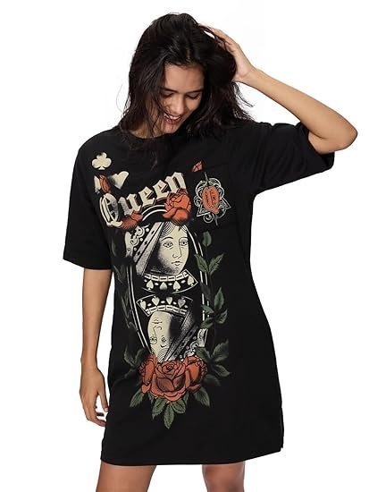 The Souled Store Queen Women and Girls Short Sleeves Round Neck Black Graphic Printed Cotton Mini Oversized T-Shirt Dresses