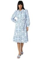 Women's Cotton Shirt Midi Dress - Printed Blue