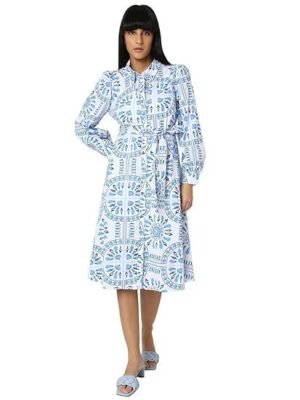 Women's Cotton Shirt Midi Dress - Printed Blue