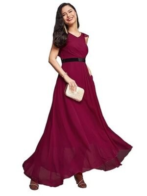 Miss Chase Women's Powder Blue V-Neck Ruffled Sleeve Solid Embellished Maxi Dress