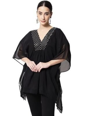 studio rasa Women's Georgette Sequin Embroidered Yoke Kaftan for Festive Wedding Party