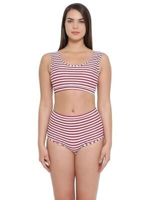 Clovia Women's Striped Padded Tank Top with High Waist Bottom Swimsuit