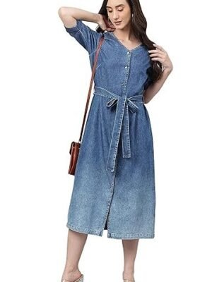 Janasya Women's Blue Denim Tie-Up Midi Dress