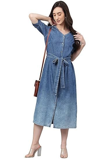 Janasya Women's Blue Denim Tie-Up Midi Dress