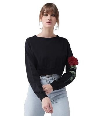 Miss Chase Women's Black Round Neck Full Sleeves Solid Cotton Embroidered Floral Patchwork Boxy Crop Top