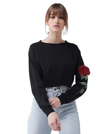 Miss Chase Women's Black Round Neck Full Sleeves Solid Cotton Embroidered Floral Patchwork Boxy Crop Top