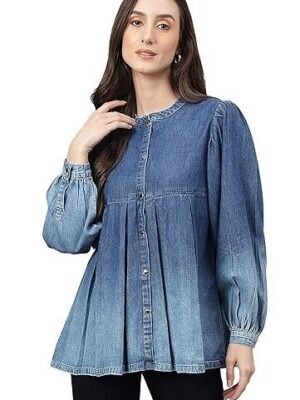 Janasya Women's Blue Denim Faded Flared Top